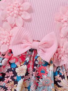 Nouveau body d'été bébé fille avec fleurs, manches calamistrées, broderie, nœud, patchwork en maille, mignon