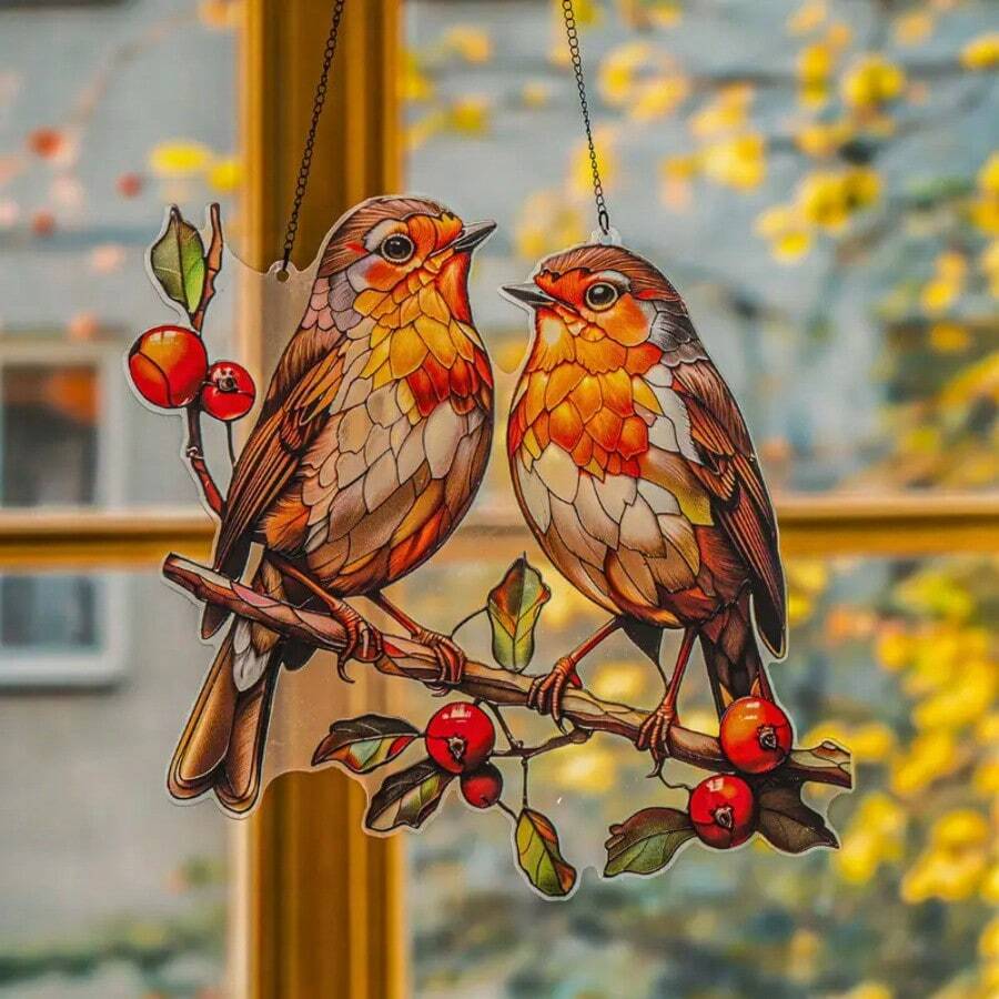 1 Peça Apanhador de Luz de Pássaro Robin Acrílico Vibrante (8" X 8") - Decoração Colorida Pendurada na Janela com Pássaro Realista e Bagas Vermelhas, Perfeito para Jardim, Varanda, Decoração da Sala de Estar - Presente de Inauguração e Aniversário Ideal para Amigos e Familiares, Decoração de Pássaro