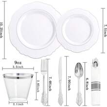 350PCS Silver Plastic Plates-Disposable White And Silver Plates 50guest Baroque Plastic Dinnerware Set Include 100Plates, 50Pack Pre Rolled Napkins With Silverware 50Cups Perfect For Christmas