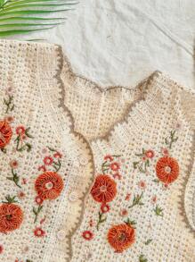 V领刺绣纽扣针织开衫背心，女士短款不对称亚麻薄款无袖毛衣开衫背心，中国风新年休闲度假装 - 杏色 - 查看 3