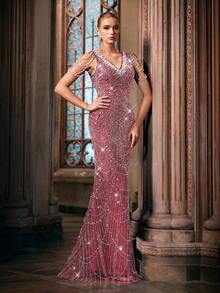 时尚勃艮第女士仿珍珠装饰鱼尾下摆礼服裙 - 酒紅色 - 查看 4