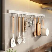 Wall Mounted Kitchen Storage Rack No Punch Shelves With Movable Hook Spoon Holder Organizer Kitchen Utensil Accessories