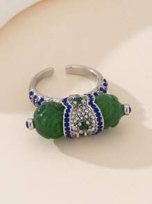 1 par de aretes de joyería de moda para mujer y 1 pieza de anillo de joyería de moda, material de cobre chapado en metal precioso, con piedra de ágata verde multicapa trenzada, patrón retro, adecuado para uso diario, fiestas, vacaciones, regalos, elegante y grácil
