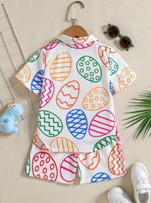 2pcs Young Boy Cartoon Dinosaur & Easter Egg Print Lapel Button-Front Short Sleeve Shirt + Shorts Set, Fashionable Outfit For Casual, Outdoor, Easter Party, Spring/Summer