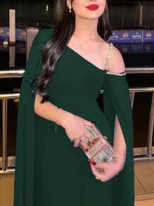 优雅水晶装饰不对称领口和开衩袖正式派对礼服，带鱼尾下摆，婚礼宾客礼服，晚礼服，长袍 - 墨綠色 - 查看 6