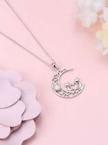 1pc Cute Kitty, Heart & Moon Pendant Necklace With Synthetic Crystal, Minimalist Design For Women