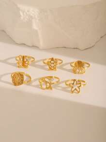 6 件套 18K 镀金不锈钢经典海洋主题镂空章鱼、贝壳、海豚、海星、海龟、水母设计指环适合女士日常佩戴 - 金色 - 查看 2