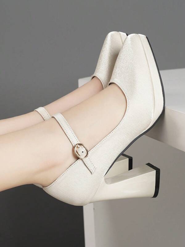 Women's Platform High Heel Ankle Strap Pumps, Thick Heel Single Buckle Shoes, Pink, Apricot, Nude, Burgundy, Black, White, Red, Silver, Gold, Brown, Fashionable Heels