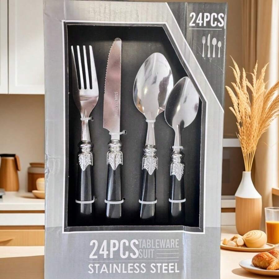 New 24 Piece Stainless Steel Cutlery Set, Bowling Handle Bamboo Handle - màu đen - Xem 1