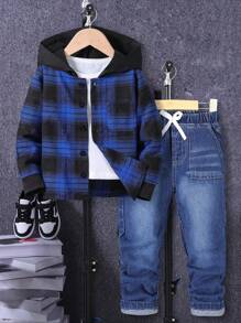 2 pezzi/Set Camicia a quadri con cappuccio per bimbi maschi abbinata a pantaloni di jeans con tasche laterali stile strada cool