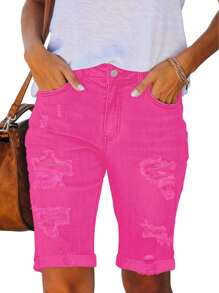 Necooer Women Jean Shorts Ripped Casual Summer Mid Waist Stretchy Five Points Denim Jean Shorts - 玫紅色 - 查看 2