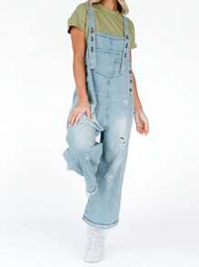 Women Denim Overalls Ripped Jean Jumpsuits Vintage Casual Streetwear Adjustable Strap Baggy Romper With Pockets - 淺藍色 - 查看 4