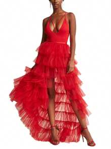 Women Tulle Skirt, Solid Color Mesh Tied-Up Irregular Floor-Length Party Skirt For Wedding Guest, Dinner, Cocktail Party - Đỏ - Xem 2