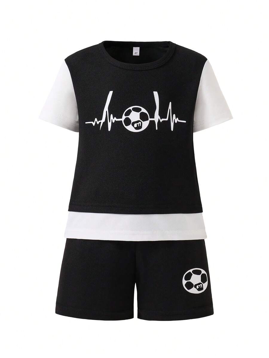 2pcs Toddler/Tween Boy' Outdoor Sports Football Print Short Sleeve Breathable T-Shirt Top & Relaxed Shorts Set, Black & White