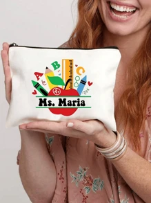 1pc Custom Name Thank You Teacher Personalized Gift Bag, New Cosmetic Bag, Custom Name Logo Cosmetic Bag, Can Be Customized To Your Unique Design, Lightweight Zipper Cosmetic Bag Is Also Perfect For Coin Purse, Pencil Case, Perfect For Shopping, Date, Vacation, Travel, Festival, Party Or As A Gift