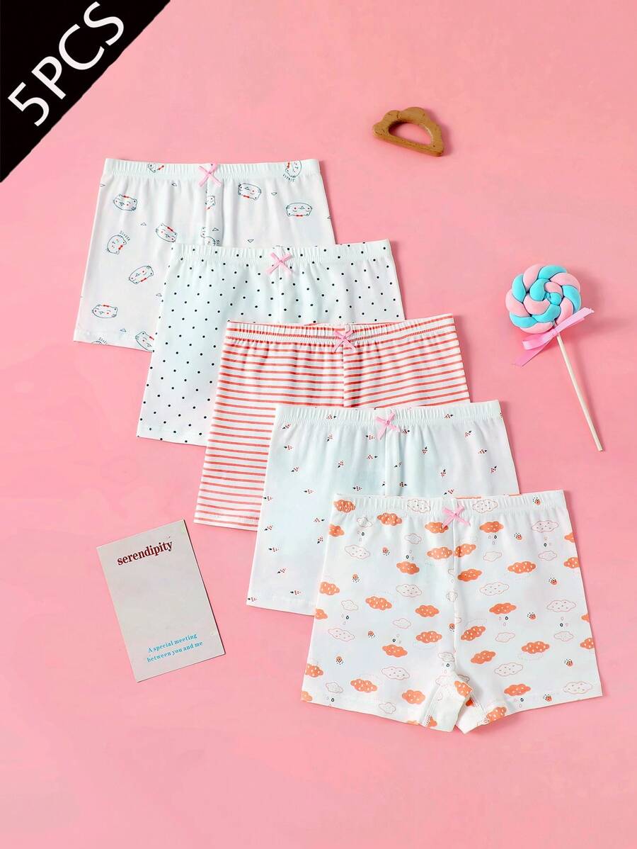 年轻女孩 5 件装条纹卡通图案蝴蝶结前平角内裤