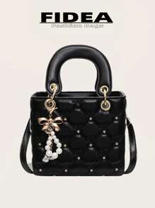 绗缝 PU 菱形图案迷你手提包，休闲百搭女士单肩包/斜挎包，优雅妈咪包