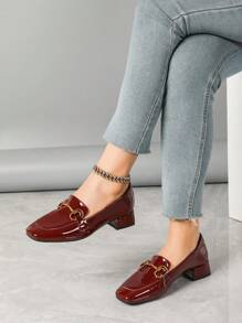 Women's High Heel Shoes, Burgundy, Chunky Heel, Fashion Casual Versatile Work Shoes, Square Toe Loafers