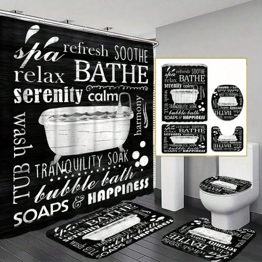 4pcs Bathtub Shower Curtain Gift Modern Home Bathroom Decoration Curtain And Toilet Floor Mat 3-Piece Set With 12 Shower Curtain Hooks Fall Decor Bathroom Accessories Back To School