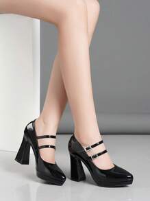 女士厚底高跟鞋，带扣粗跟浅口鞋，粉色、杏色、裸色、酒红色、黑色、白色、红色、银色、金色、棕色，时尚 - 黑色 - 查看 4