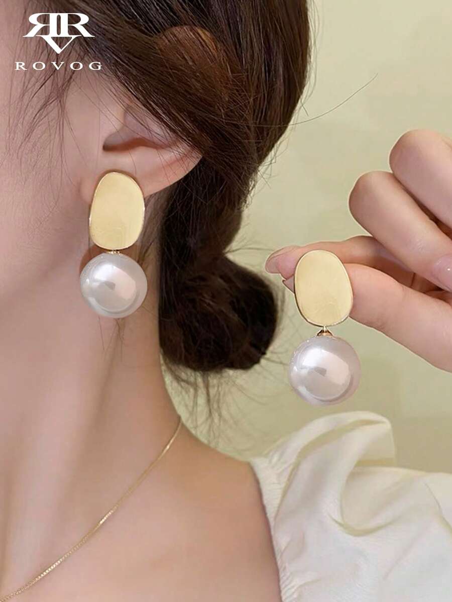 1 Pair Luxurious French Faux Pearl Geometric Elegant Drop Earrings, Minimalist Chic Design For Women