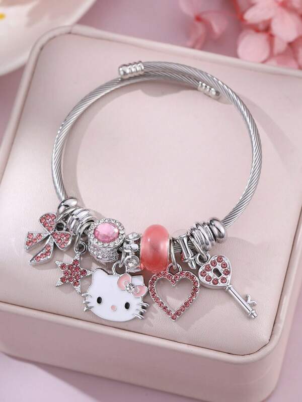 Sanrio 1 pieza Pulsera con estilo de panda rosa de Sanrio, pulsera con dije de gato de dibujos animados KT linda