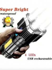 1pc Rechargeable Led Flashlight, Waterproof Strong Light Flash Light 4*LED, Battery Display, COB Side Light,Outdoor Multifunctional Portable Household Flashlight For Emergency, Hiking Camping