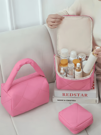 1套绗缝柔软马卡龙色简约大容量便携式化妆包收纳包女士化妆包旅行化妆包收纳包大容量化妆品收纳包旅行护肤彩妆收纳包便携式多功能洗漱用品收纳包便携式旅行收纳包