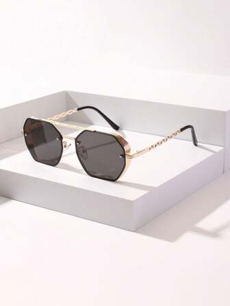 1 件装女士双梁多边形金属框架链条镜腿时尚眼镜，适合夏季海滩度假、户外、旅行