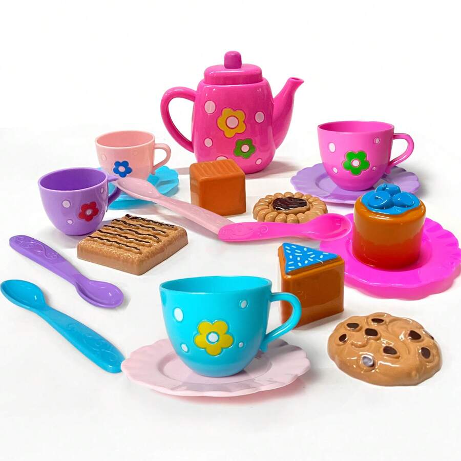 19-Piece Small-Sized Portable Kids Tea Party Toy Set: Realistic Tea Ware, Kettle & Desserts , Perfect For Boys & Girls' Pretend Play, Thoughtful Gift For Back-To-School, Christmas & Birthdays - Pink - View 1