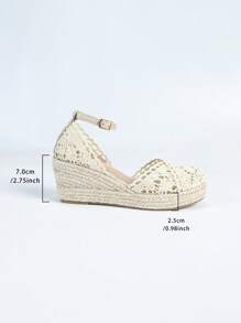 女士麻绳坡跟蕾丝镂空网眼休闲包头圆头凉鞋，透气厚底高跟草编鞋，百搭渔夫凉鞋