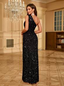 Đầm maxi UNITHORSE dành cho nữ, cổ bất đối xứng, đính sequin, xẻ tà cao, thích hợp dự tiệc trang trọng, đám cưới, các dịp lễ, sinh nhật, tốt nghiệp, màu đen thanh lịch mùa thu xuân. - màu đen - Xem 2