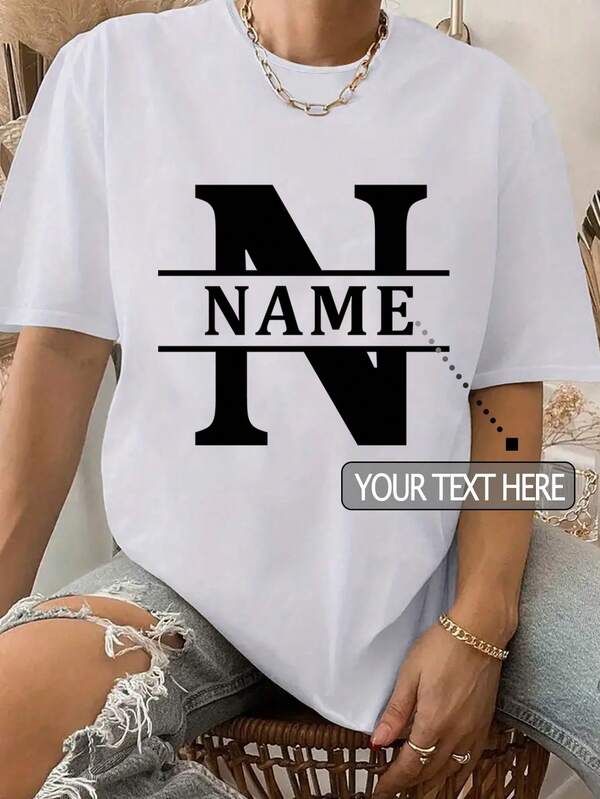 Customized Loose T-Shirt With Text, Customize Your Text And Photos For Family Gathering, Group Outfit, Couple, Pets, Friends, Music Festivals, Women's Autumn Tops, Black Shirt, Holiday Gift, Anniversary Gift, Wedding Gift, Best Friend Gift, Music Festival Women's Wear,Ornamental,Dawg,Unique,Custom,Belle Costume,Ideal Gifts For Her,Family,Friends,Pink Girls,For Holiday,For Vacation,For Anniversaries