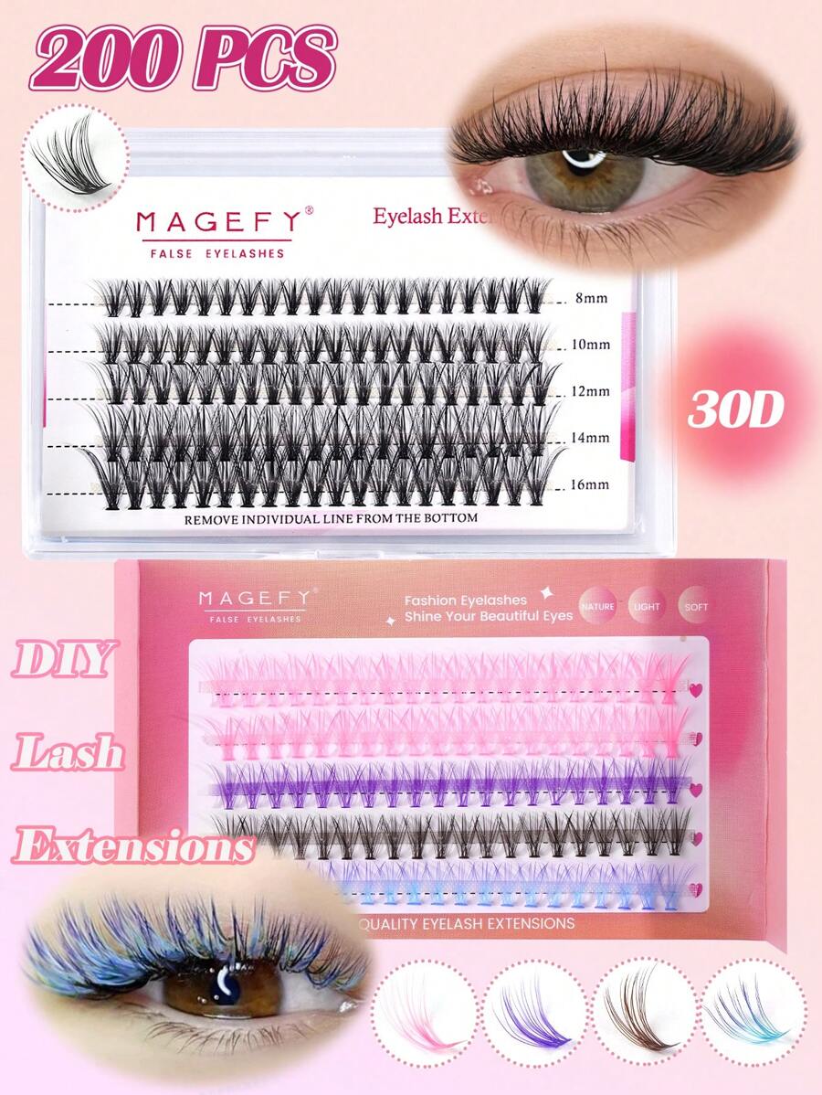 200 Cluster 5 Colors CC Curl Eyelashes Kit,Winky Colorful Cluster Lashes Eyelash Extensio,Mixed Style 30D Individual Lashes, 8-10-12-14-16mm With Longer Curls,Personal DIY Eyelashes Of Different Lengths,Natural Soft Handmade Eyelashes For Everyday Use - CC - 查看 1