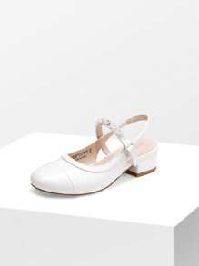 Girls Dress Shoes Slingback Heels Round Toe Pump For Little Big Kids Flower Party Wedding Princess - 白色 - 查看 4