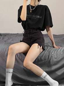 女士高腰A字性感黑色牛仔短裤，宽松喇叭裤腿 - 黑色 - 查看 3