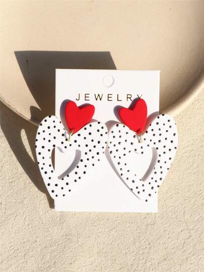 1 对女士圆点陶瓷纹理镂空大心形亚克力浪漫可爱耳环