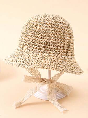 1pc Children Lace Bow Straw Bucket Hat, Summer Outdoor Playing Park Farm Beach Sun Protection Hat For Boys & Girls