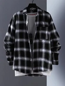 Men's Long Sleeve Plaid Flannel Shirt - 黑色 - 查看 4