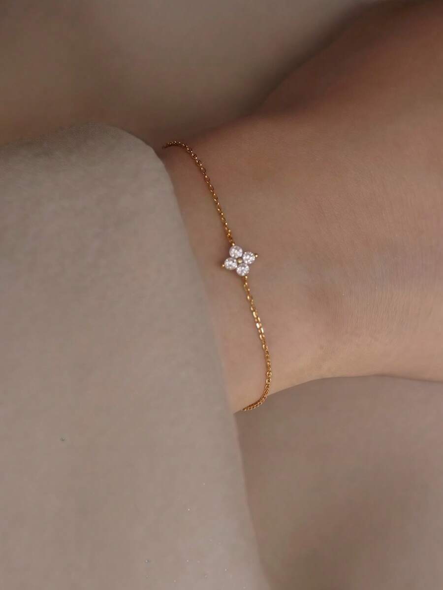 GAGAFEEL 1pc S925 Pure Silver Flower Zirconia Bracelet Simple Snowflake Zirconia Pendant Chain Bracelet Japanese And Korean Simple Jewelry Women's Jewelry Gift