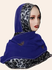 1pc Women Hijab Fashion Sequin Patchwork Leopard Print Scarf, Decorated With -Style Rhinestones, High-End Long Shawl, Suitable For Abaya