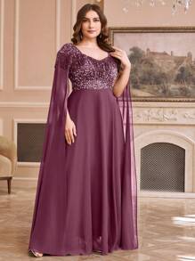 SUPGIR Plus Size Sweetheart Neck Luxurious Sequin Fringe Chiffon Patchwork Dress, Party Dress, Wedding Guest Dress, Formal Dress, Evening Dress, Gown - 中紫紅色 - 查看 4