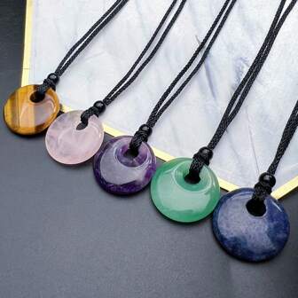 1pc Natural Crystal Donut Charm Necklace Healing Gemstone Jade Quartz Peace Buckle Pendant Necklaces For Women And Men Spiritural Pendants Crystals Holiday Party Gift For Mother Teen Girls Valentine's Day Gift