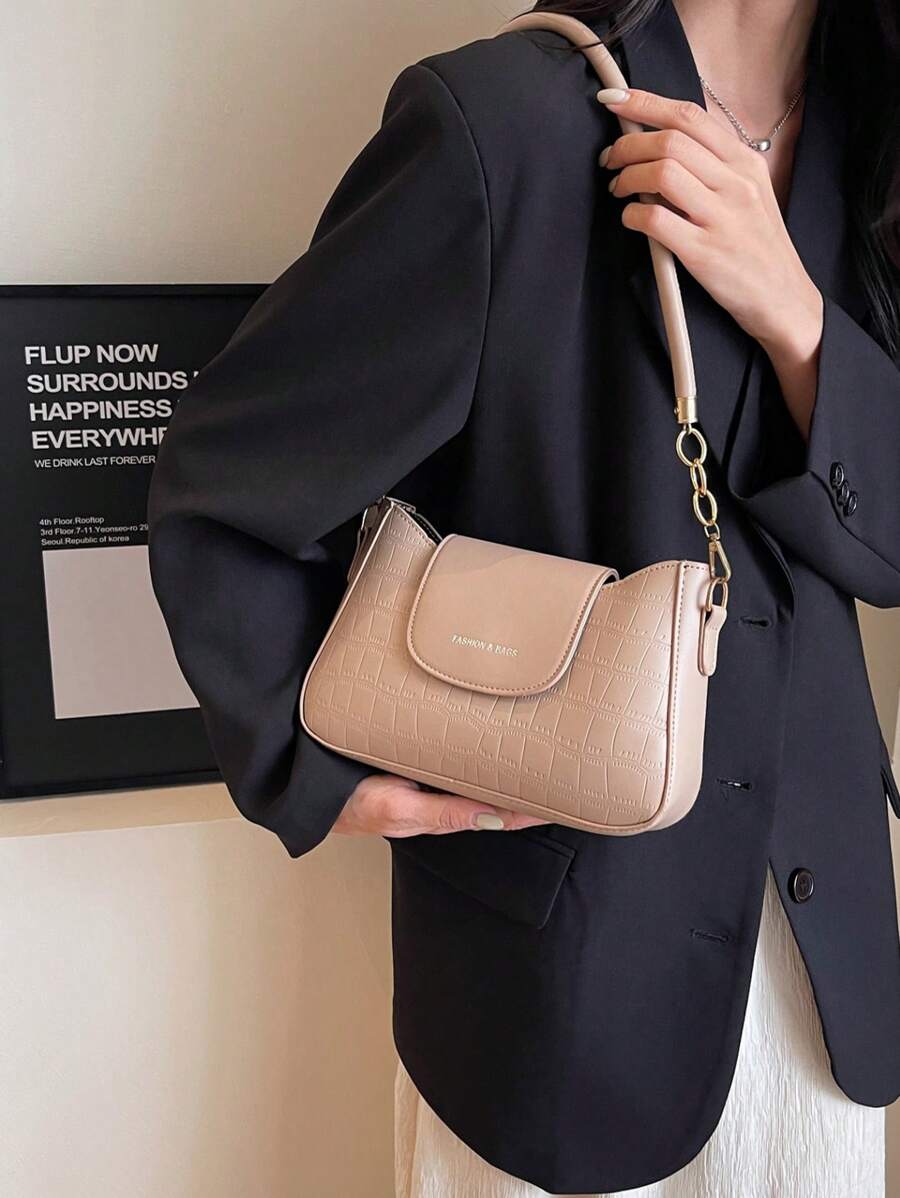 女士手提包 高品质 PU 皮革扶手翻盖单肩包 精美石纹女士斜挎包