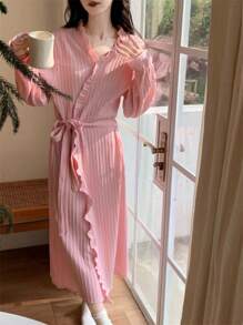 1pc Women Sweet Tie Collar Solid Color Long Robe Nightgown, Spring/Autumn Summer Wedding Home Bathroom Decor Back To School - Multicolor - View 9