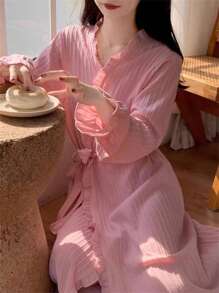 1pc Women Sweet Tie Collar Solid Color Long Robe Nightgown, Spring/Autumn Summer Wedding Home Bathroom Decor Back To School - Multicolor - View 2