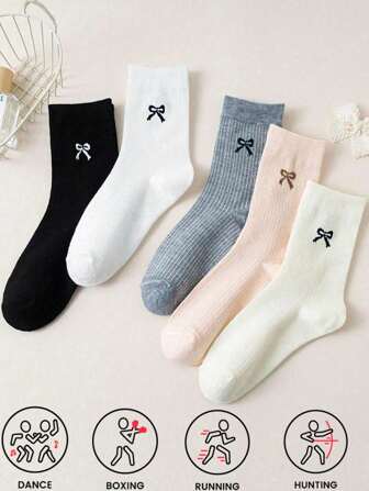 5 双/套简约风格彩色蝴蝶结设计轻便透气中筒女士休闲袜