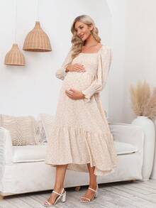 孕妇碎花雪纺松紧腰长袖连衣裙