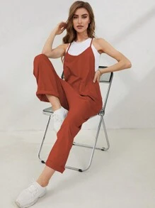 Women's Causal Jumpsuits V Neck Sleeveless Harem Overalls Stretchy Adjustable Strap Romper With Pockets - Rỉ Nâu - Xem 4