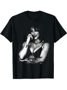 Camiseta Para Hombre 1Pcs 220g 100% Algodón Estampado Digital De Chica Con Personalidad Y Tatuajes En SHEIN - Negro - Ver 2